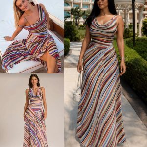 Draped Striped Asymmetric Dress