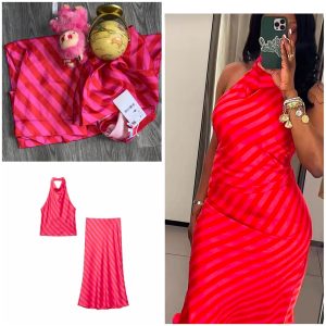 Red Zara Satin Stripped Top and Skirt Set For Ladies